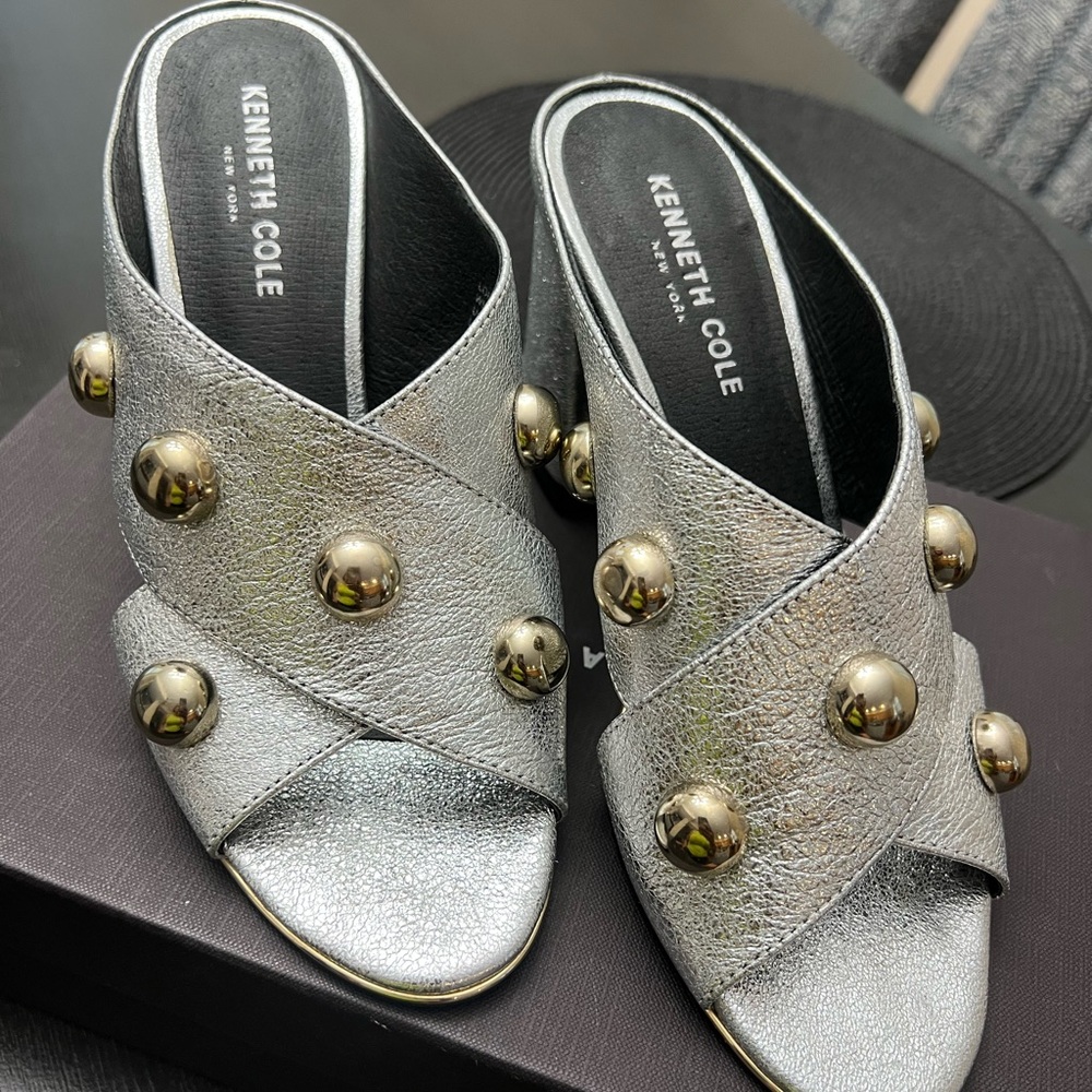 Kenneth Cole Metallic Silver Slide Mules with Gold Studs